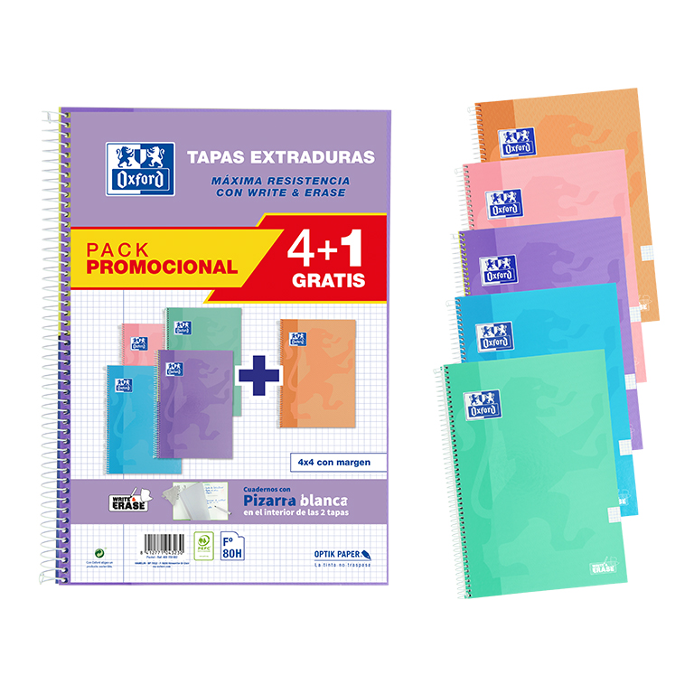BLOC OXFORD FOLIO ESPIRAL CUADRÍCULA 4 MM 80 HOJAS TAPA EXTRADURA PACK 4+1