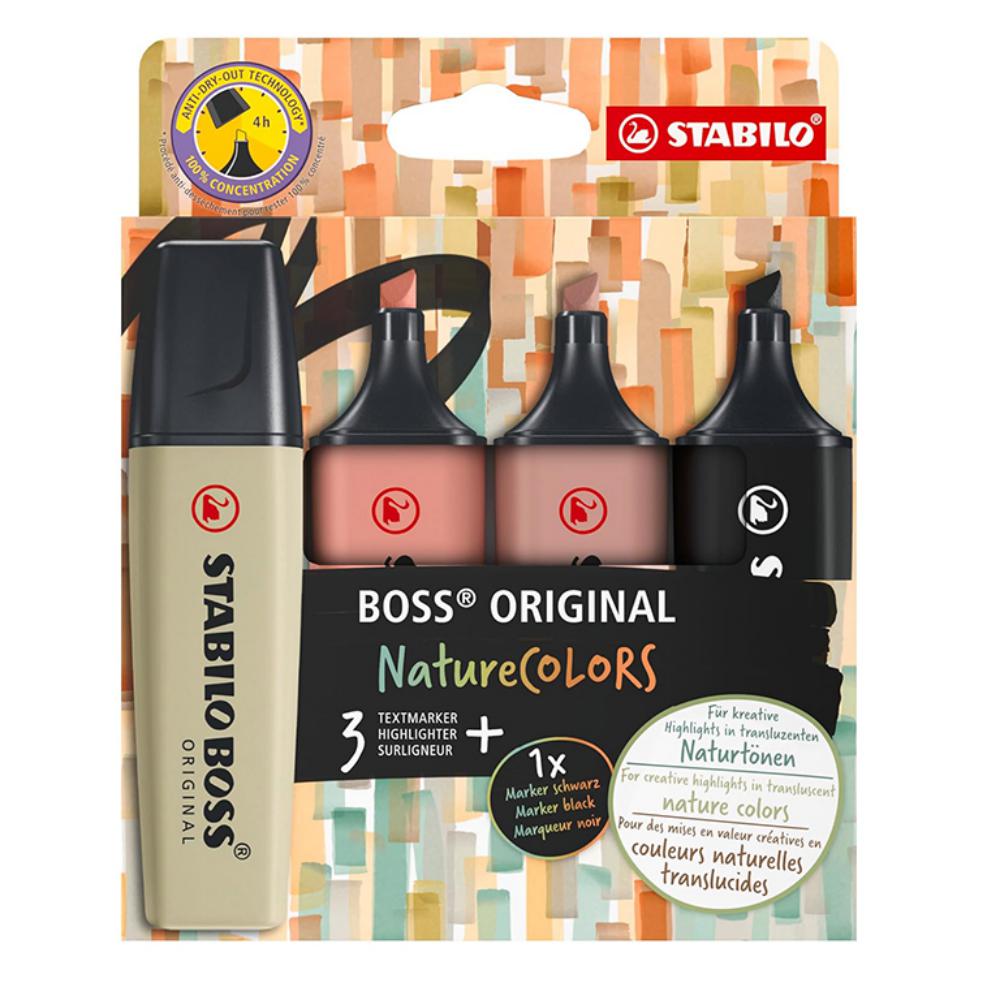 ROTULADOR STABILO BOSS PASTEL FLUORESCENTE NATURE COLORS – ESTUCHE DE 4 COLORES SURTIDOS