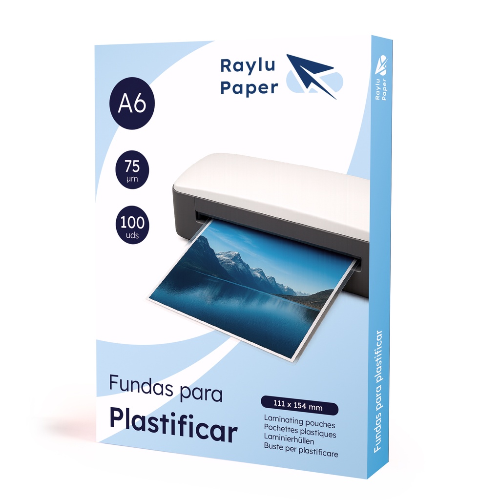 RAYLU PAPER – PACK DE 100 FUNDAS PARA PLASTIFICAR A6 75 MICRAS, TRANSPARENTES, ACABADO BRILLANTE