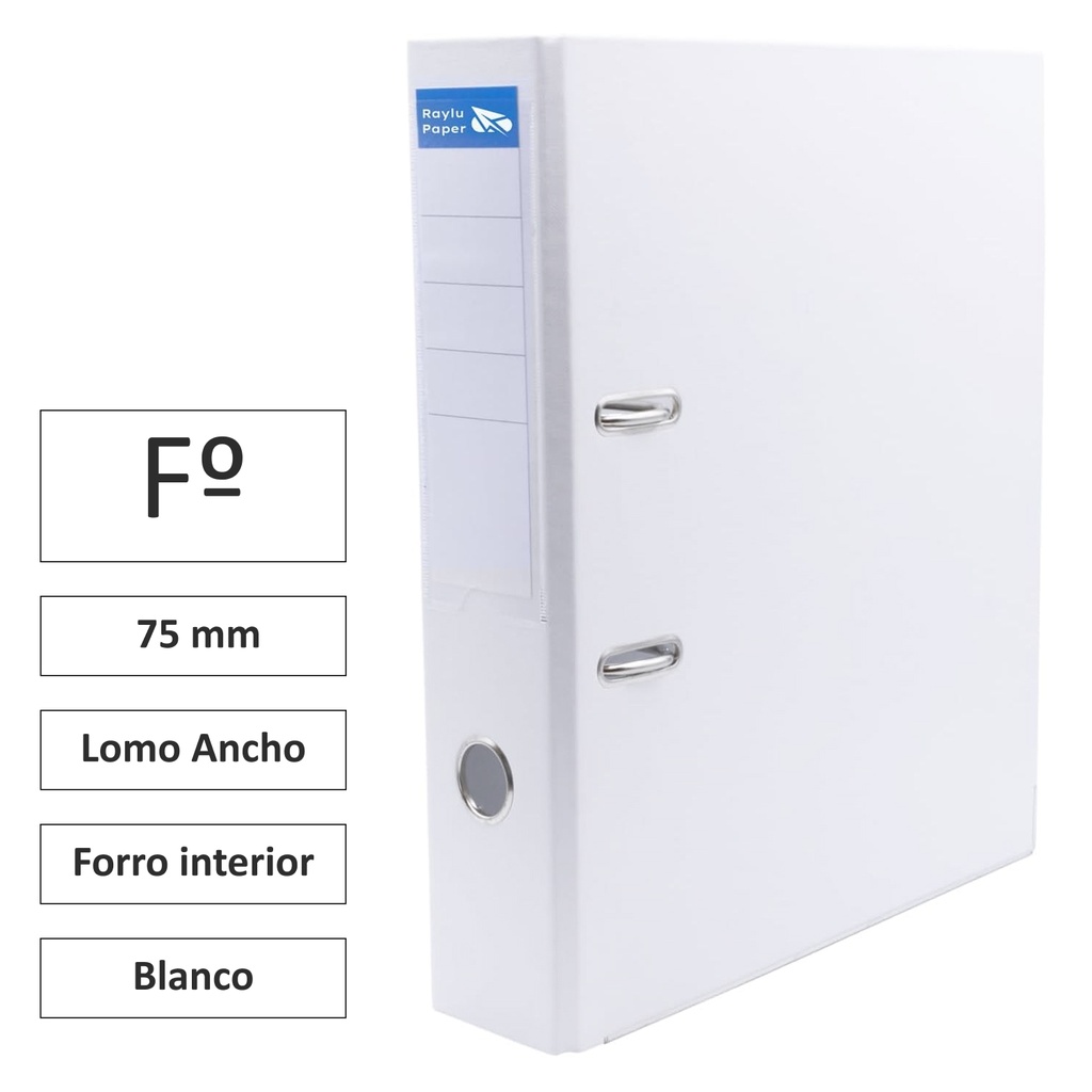 ARCHIVADOR RADO RAYLU FOLIO LOMO ANCHO 75MM FORRADO INTERIOR PP BLANCO