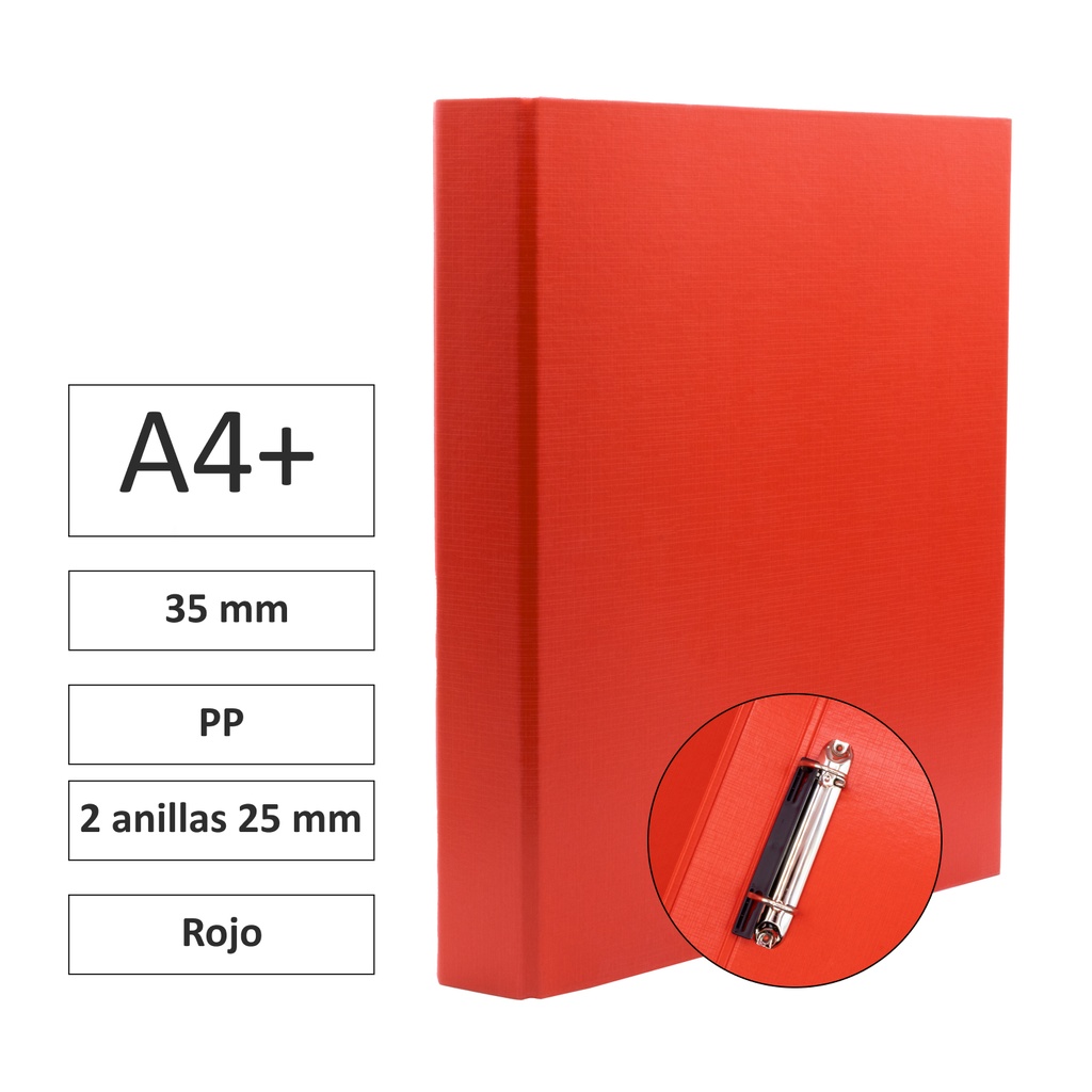 CARPETA RAYLU PAPER FOLIO 2 ANILLAS 25 MM ROJO· CARTÓN FORRADO PP · LOMO 35 MM · A4+ · ACABADO RESISTENTE