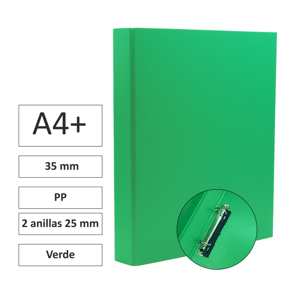 CARPETA RAYLU PAPER FOLIO 2 ANILLAS 25 MM VERDE · CARTÓN FORRADO PP · LOMO 35 MM · A4+ · ACABADO RESISTENTE
