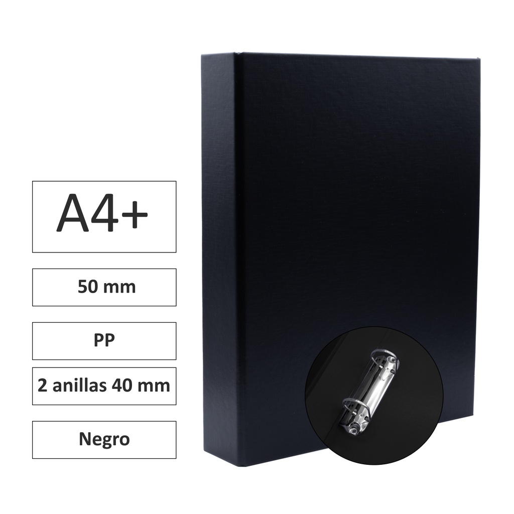 CARPETA RAYLU PAPER FOLIO 2 ANILLAS 40MM NEGRO CARTÓN FORRADO PP 