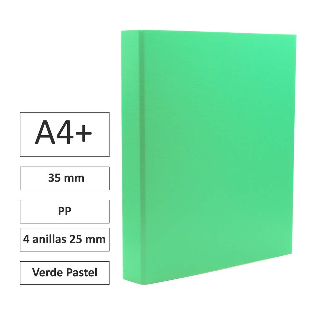 CARPETA RAYLU PAPER FOLIO 4 ANILLAS 25 MM VERDE CLARO · CARTÓN FORRADO PP · LOMO 35 MM · A4+ · ACABADO RESISTENTE