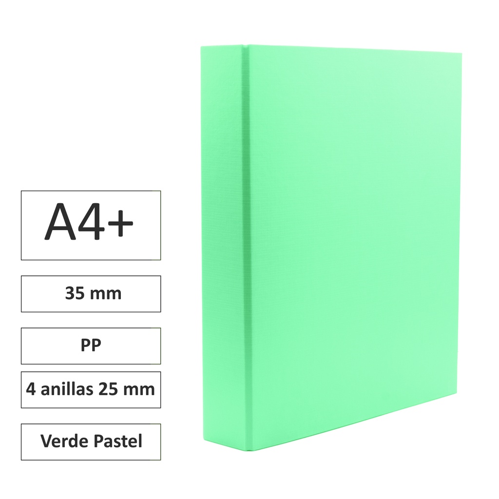 CARPETA RAYLU PAPER FOLIO 4 ANILLAS 25 MM VERDE PASTEL · CARTÓN FORRADO PP · LOMO 35 MM · A4+ · ACABADO RESISTENTE