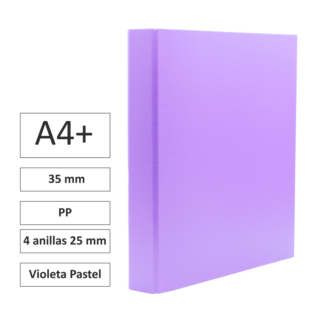 CARPETA RAYLU PAPER FOLIO 4 ANILLAS 25 MM VIOLETA PASTEL · CARTÓN FORRADO PP · LOMO 35 MM · A4+ · ACABADO RESISTENTE