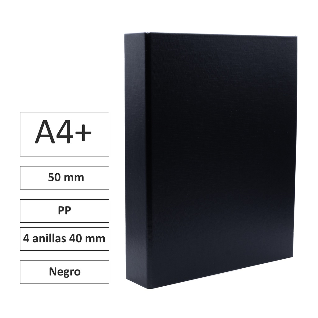 CARPETA RAYLU PAPER FOLIO 4 ANILLAS 40MM NEGRO CARTÓN FORRADO PP 