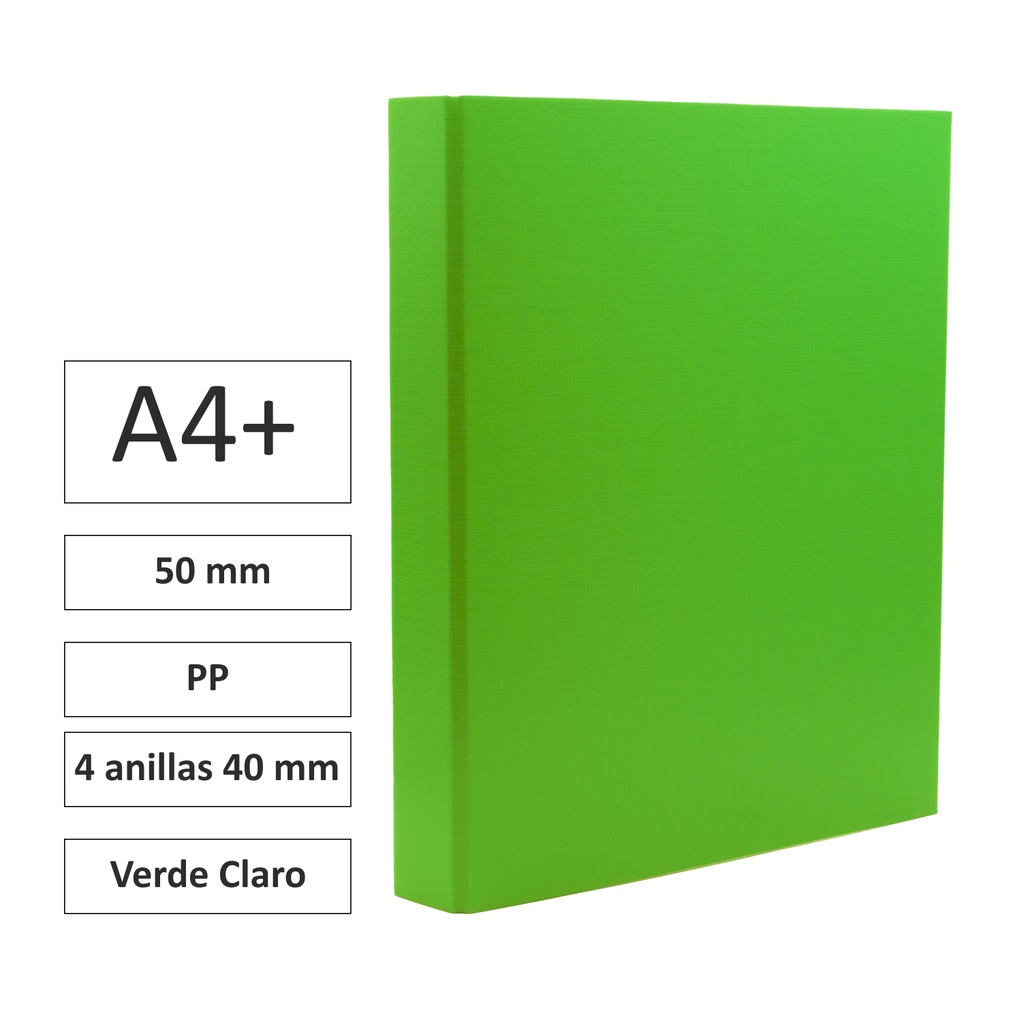 CARPETA RAYLU PAPER FOLIO 4 ANILLAS 40MM VERDE CLARO CARTÓN FORRADO PP 