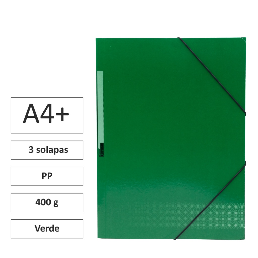 CARPETA A4+ CON GOMAS Y SOLAPAS (VERDE) · CARTÓN 400 g · 3 SOLAPAS · ETIQUETA EN LOMO