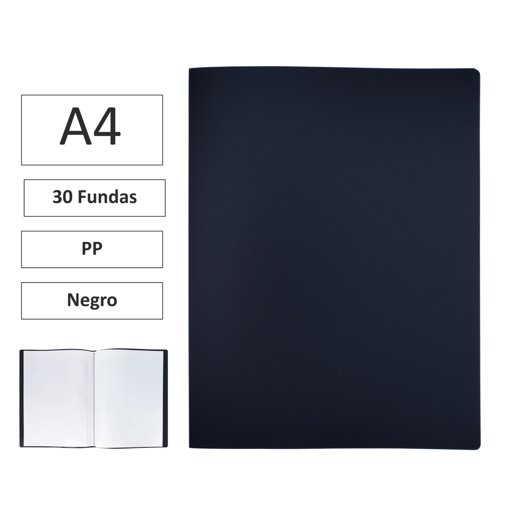 CARPETA BISMARK FLEXIBLE A4 30 FUNDAS (NEGRO) · PP · FUNDAS ANTIRREFLEJO · RESISTENTES A FOTOCOPIAS · SIN LOMO RÍGIDO
