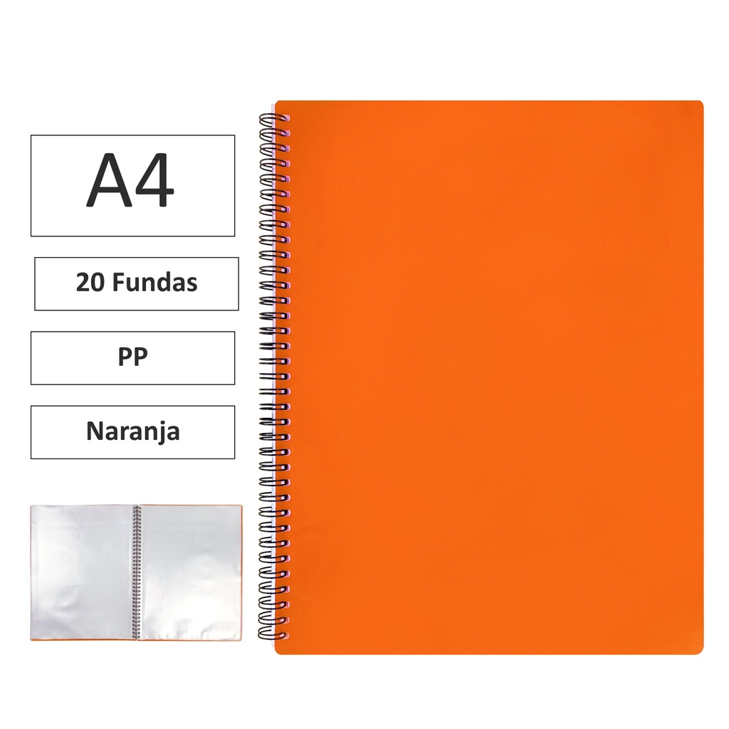 CARPETA DE FUNDAS MAXIPLÁS PP XS A4 · 20 FUNDAS (NARANJA) · PP SEMIRRÍGIDO · ESPIRAL PVC · CIERRE CON GOMAS
