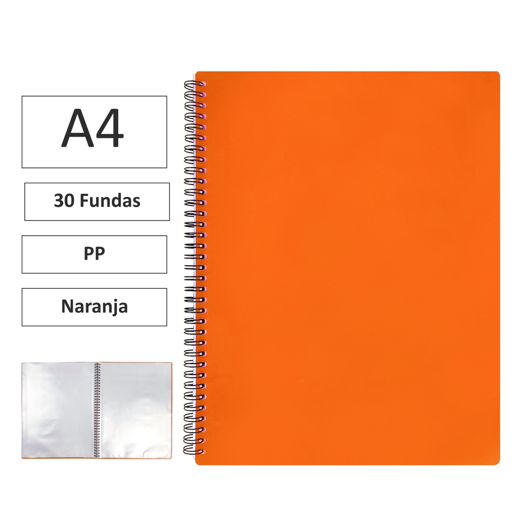CARPETA DE FUNDAS MAXIPLÁS PP XS A4 · 30 FUNDAS (NARANJA) · PP SEMIRRÍGIDO · ESPIRAL PVC · CIERRE CON GOMAS