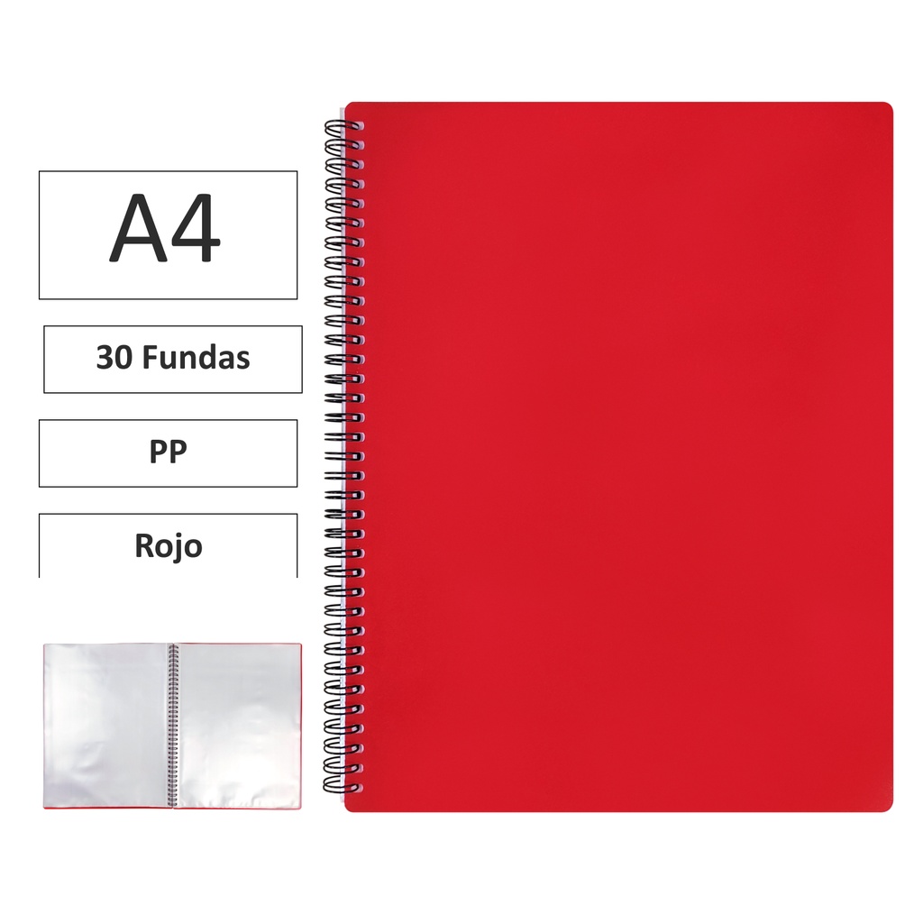 CARPETA ESPIRAL MAXIPLAS A4 30 FUNDAS Y GOMAS – ROJO