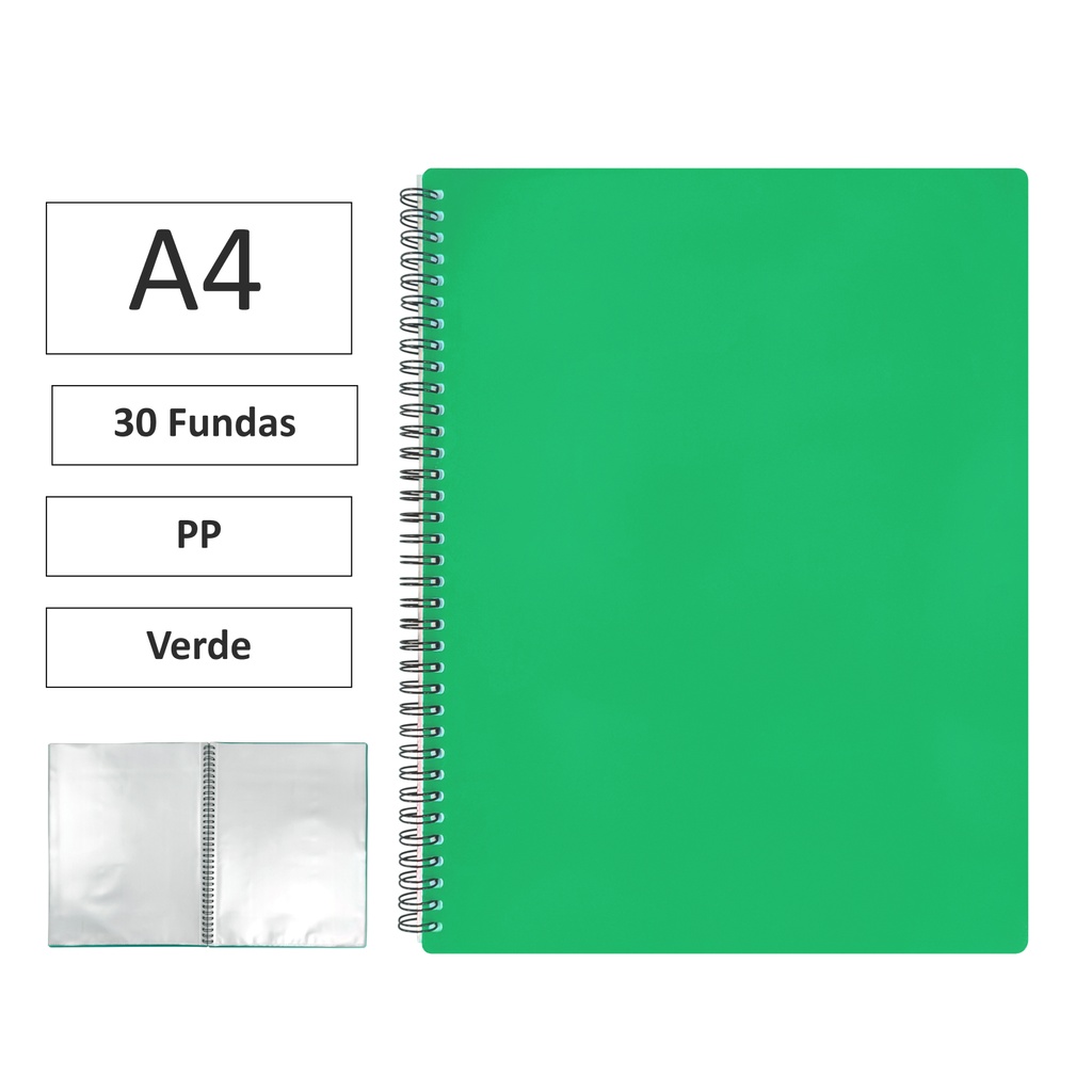 CARPETA ESPIRAL MAXIPLAS A4 30 FUNDAS Y GOMAS – VERDE