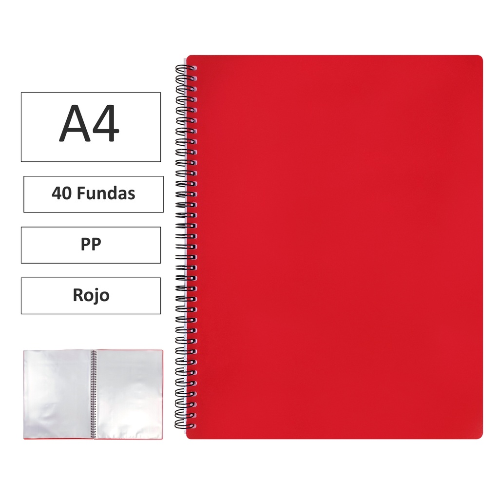 CARPETA DE FUNDAS MAXIPLÁS PP XS A4 · 40 FUNDAS (ROJO) · PP SEMIRRÍGIDO · ESPIRAL PVC · CIERRE CON GOMAS