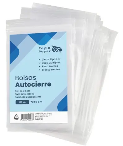 BOLSAS AUTOCIERRE RAYLU 7 × 10 CM · TRANSPARENTES · PACK 100 UDS