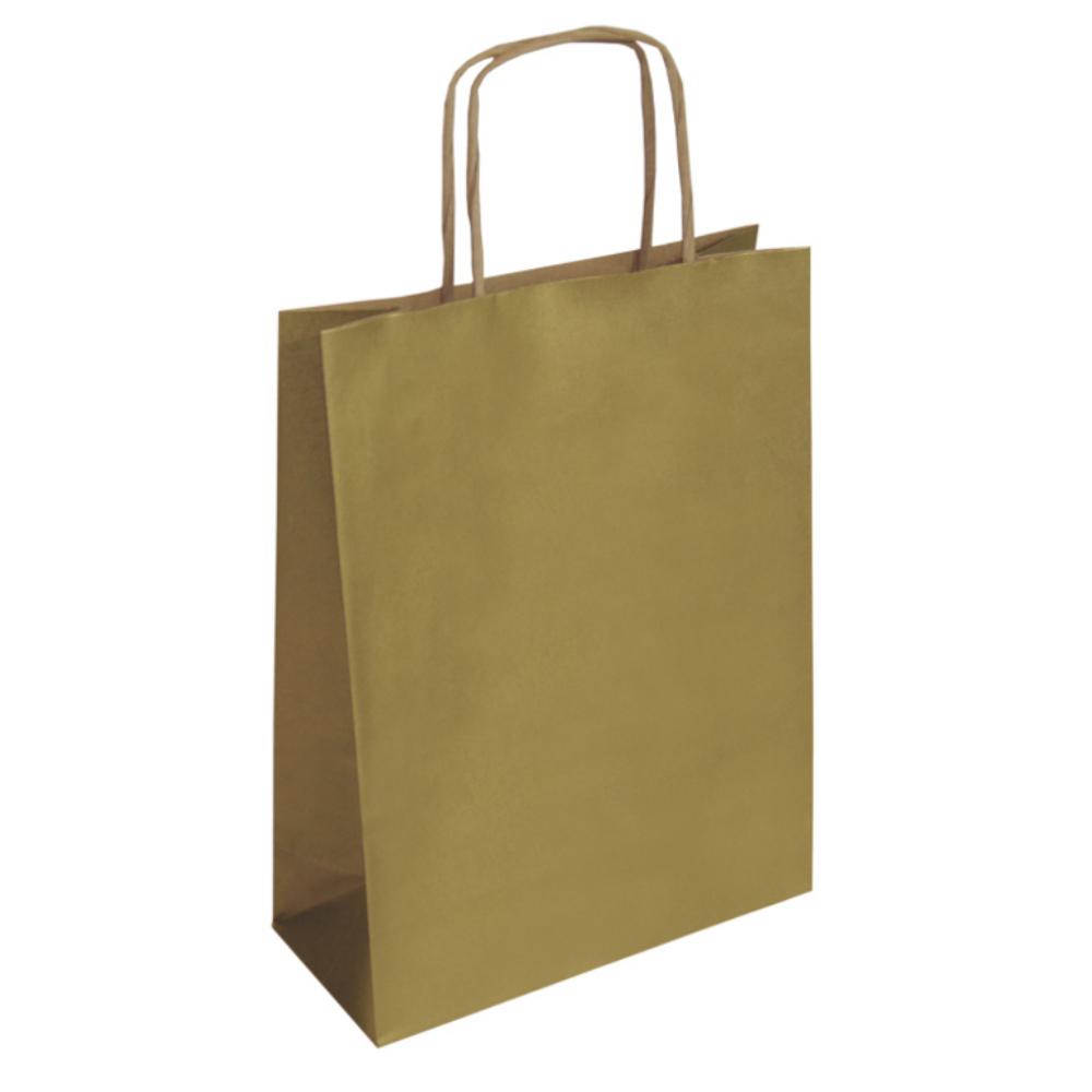 BOLSA DE PAPEL KRAFT ORO 32 × 14 × 40 CM · ASA RETORCIDA · 100 g/m² · PACK 25 UDS