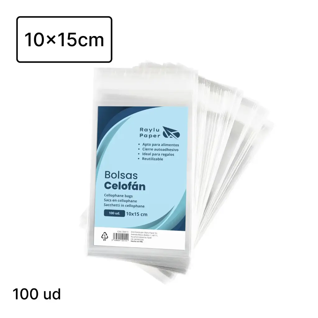 BOLSAS DE CELOFÁN TRANSPARENTE RAYLU PAPER 10 × 15 CM PACK 100 UDS 