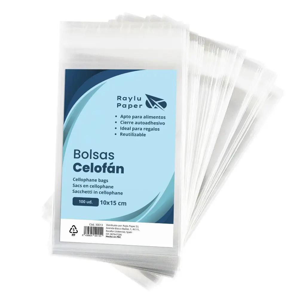 BOLSAS DE CELOFÁN TRANSPARENTE RAYLU PAPER 10 × 15 CM PACK 100 UDS