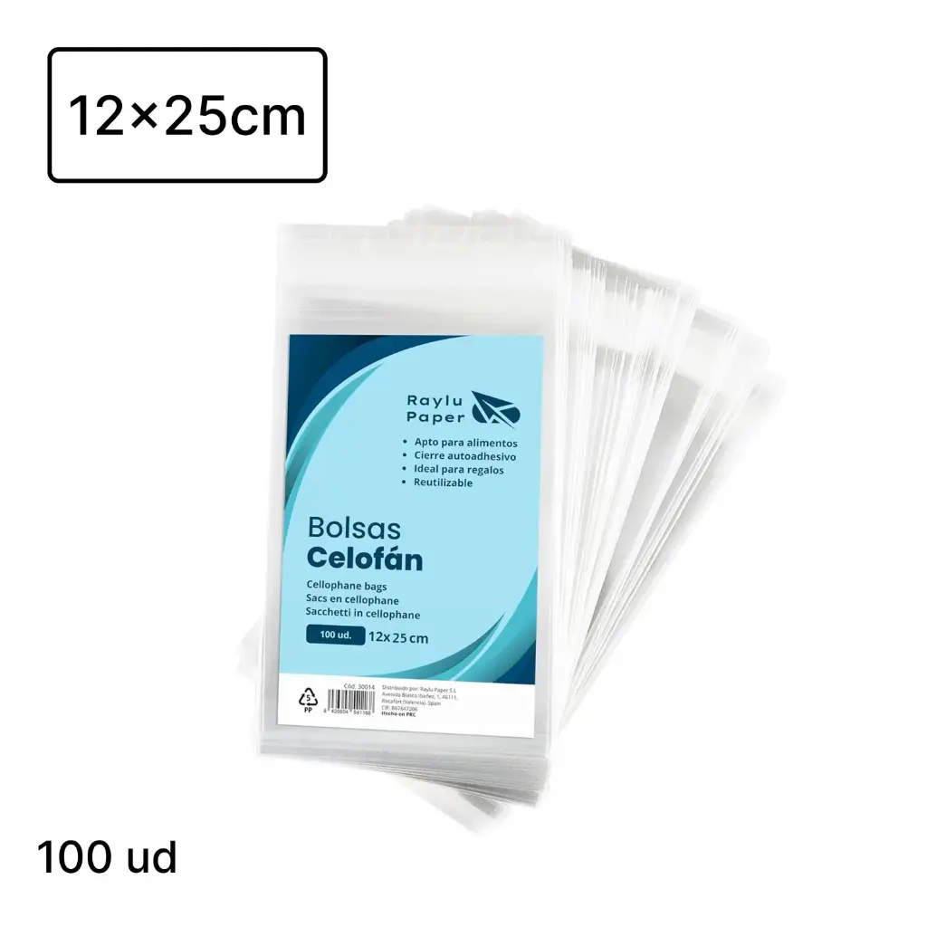 BOLSAS DE CELOFÁN TRANSPARENTE RAYLU PAPER 12 × 25 CM PACK 100 UDS 