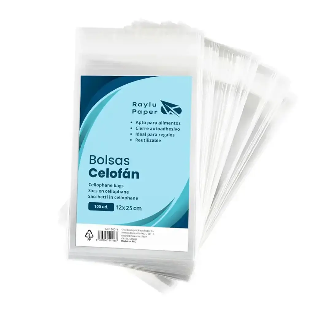 BOLSAS DE CELOFÁN TRANSPARENTE RAYLU PAPER 12 × 25 CM PACK 100 UDS 