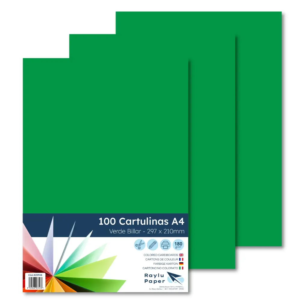 CARTULINAS RAYLU PAPER A4 180 g/m²(VERDE BILLAR)· PACK 100 · CORTE LIMPIO · PH NEUTRO · APTAS PARA IMPRESIÓN
