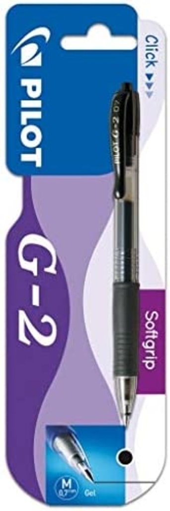 BOLÍGRAFO PILOT G-2 NEGRO · TINTA GEL · PUNTA 0,7 MM · TRAZO 0,5 MM · CLIC RETRÁCTIL · GRIP · BLISTER 1 NEGRO
