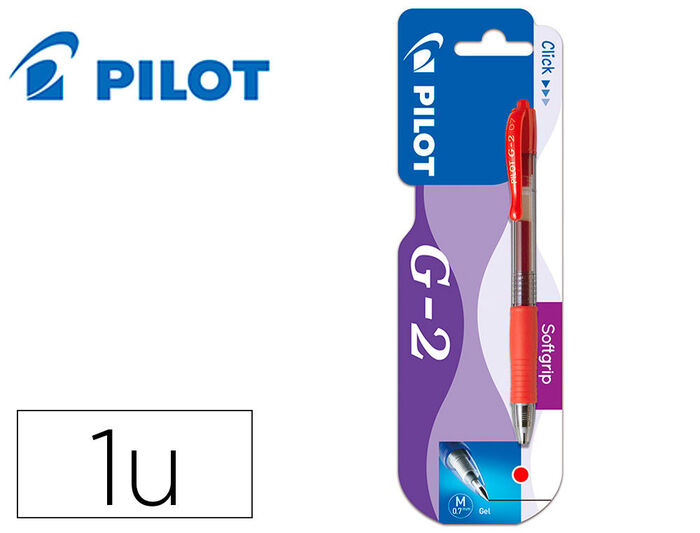 BOLÍGRAFO PILOT G-2 ROJO · TINTA GEL · PUNTA 0,7 MM · TRAZO 0,5 MM · CLIC RETRÁCTIL · GRIP · BLISTER 1 ROJO