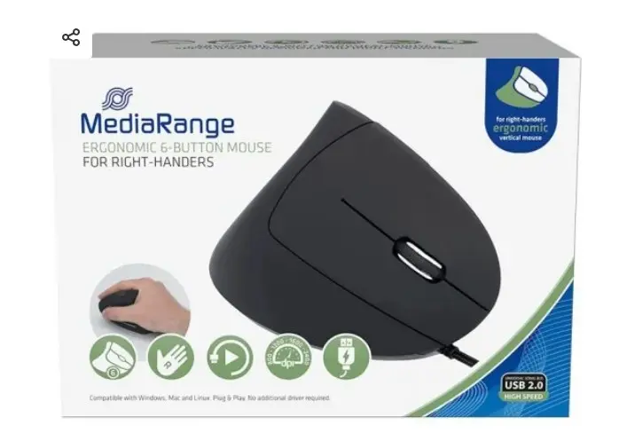 RATÓN ÓPTICO ERGONÓMICO MEDIARANGE MROS230 USB 2400 DPI NEGRO VERTICAL