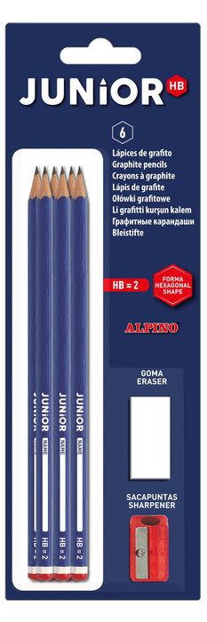 LÁPICES DE GRAFITO JUNIOR + SACAPUNTAS + GOMA BLISTER 6 UDS