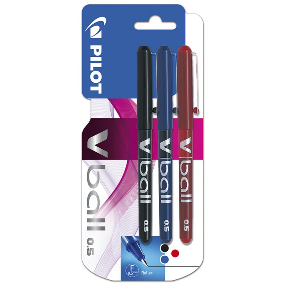 BOLÍGRAFO PILOT V-BALL 05 · TINTA LÍQUIDA PIGMENTADA · PUNTA 0,5 MM · TRAZO 0,3 MM · BLISTER 3 SURTIDOS