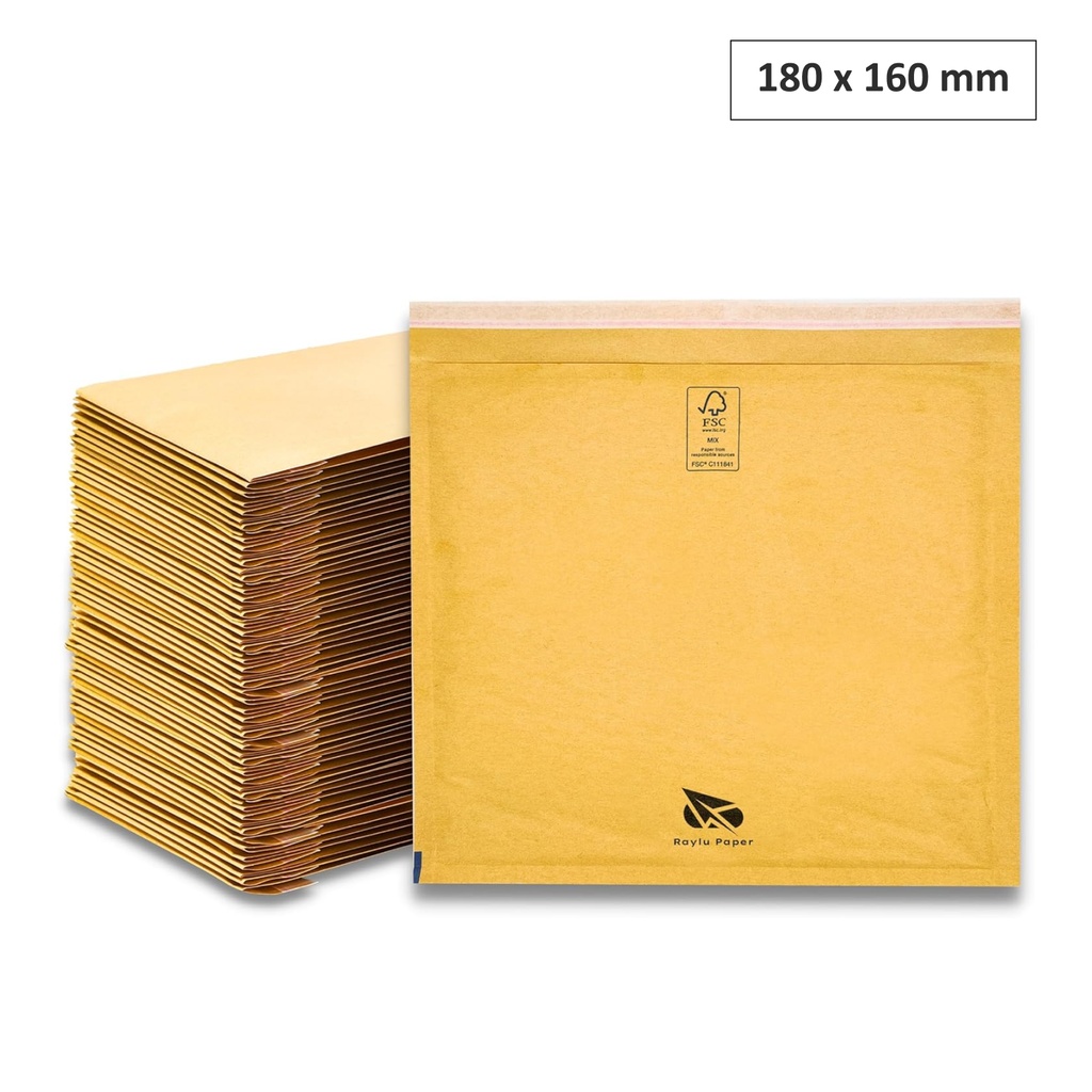 SOBRES ACOLCHADOS RAYLU DE BURBUJA KRAFT 180 X 160 MM AUTOADHESIVOS – COLOR MARRÓN CAJA 100