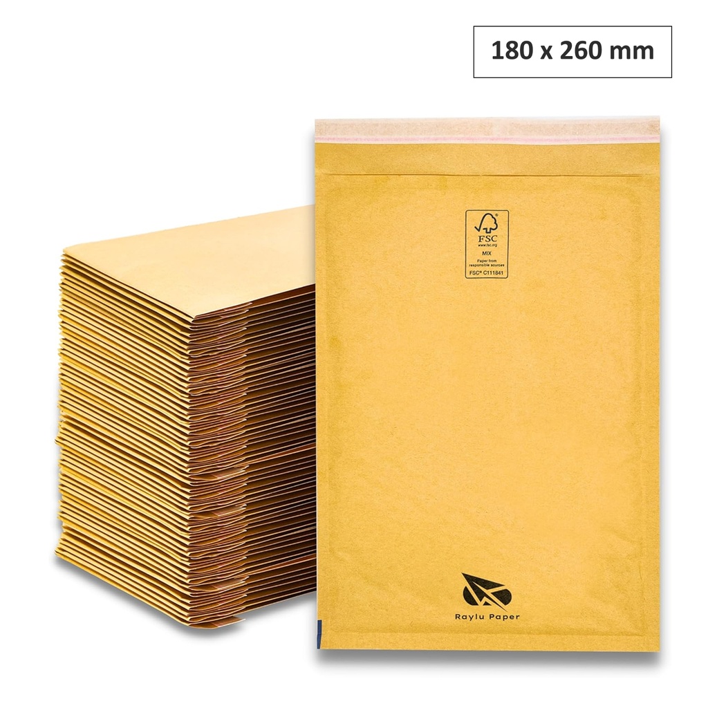 SOBRES ACOLCHADOS RAYLU DE BURBUJA KRAFT 180 X 260 MM AUTOADHESIVOS – COLOR MARRÓN CAJA 100