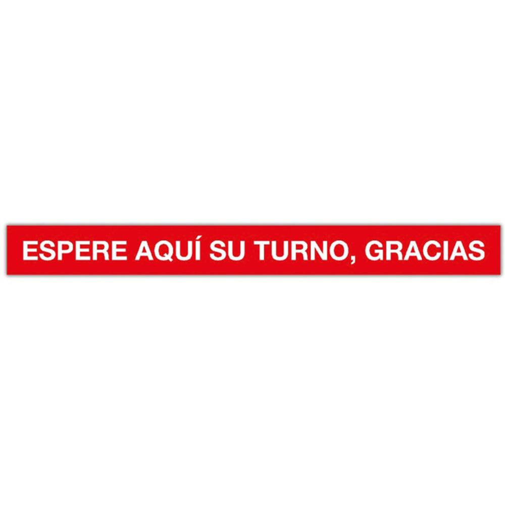 TIRA DE SEÑALIZACIÓN ADHESIVA “ESPERE AQUÍ SU TURNO, GRACIAS” – PVC ROJO Y BLANCO 100 × 10 CM