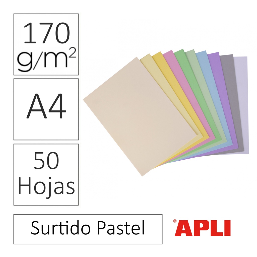CARTULINAS APLI A4 170 GRAMOS – SURTIDO COLORES PASTEL (50 HOJAS)
