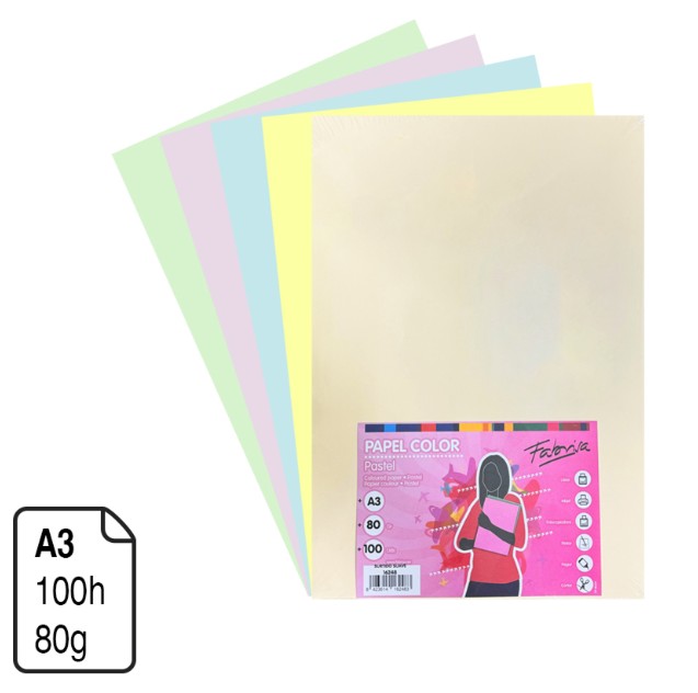 PAPEL A3 80 G FABRISA SURTIDO PASTEL 100 HOJAS