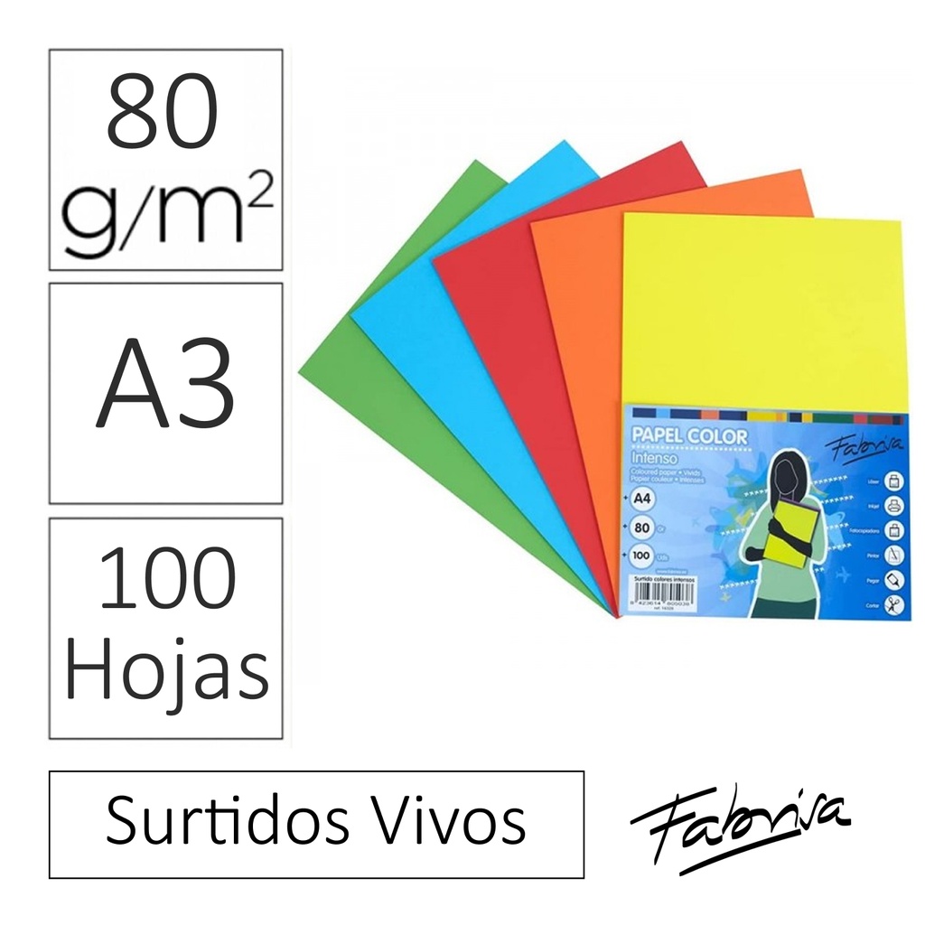 PAPEL A3 80 G FABRISA SURTIDO VIVOS – PACK 100 HOJAS PARA IMPRESORA Y MANUALIDADES