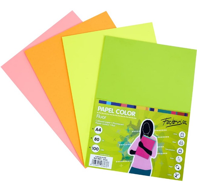 PAPEL A4 80G SURTIDO FLÚOR – PACK 100 HOJAS FABRISA