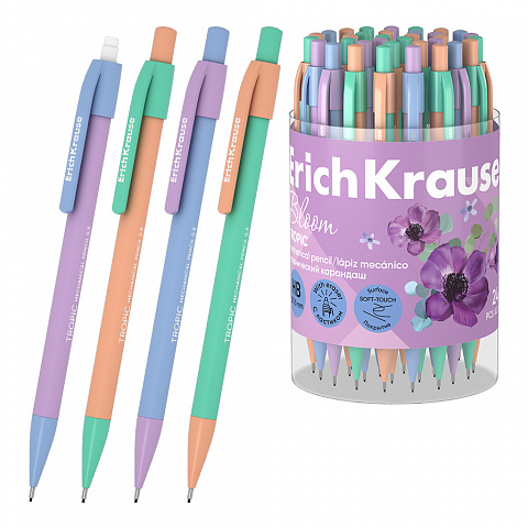 PORTAMINAS ERICHKRAUSE® TROPIC PASTEL BLOOM – 0,5 MM HB – SOFT TOUCH – SURTIDO – TUBO 24 UDS