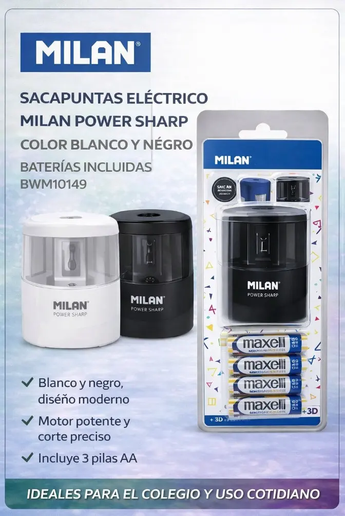 SACAPUNTAS ELÉCTRICO MILAN POWER SHARP COLOR BLANCO Y NEGRO