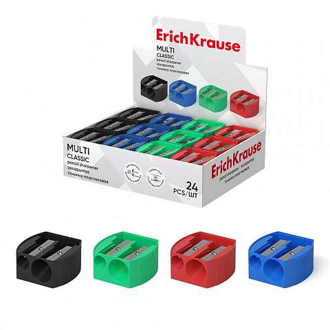 SACAPUNTAS ERICHKRAUSE MULTI – 2 ORIFICIOS (Ø 8 / 11 MM), SIN DEPÓSITO – COLORES SURTIDOS – CAJA PRESENTACIÓN 24 UDS