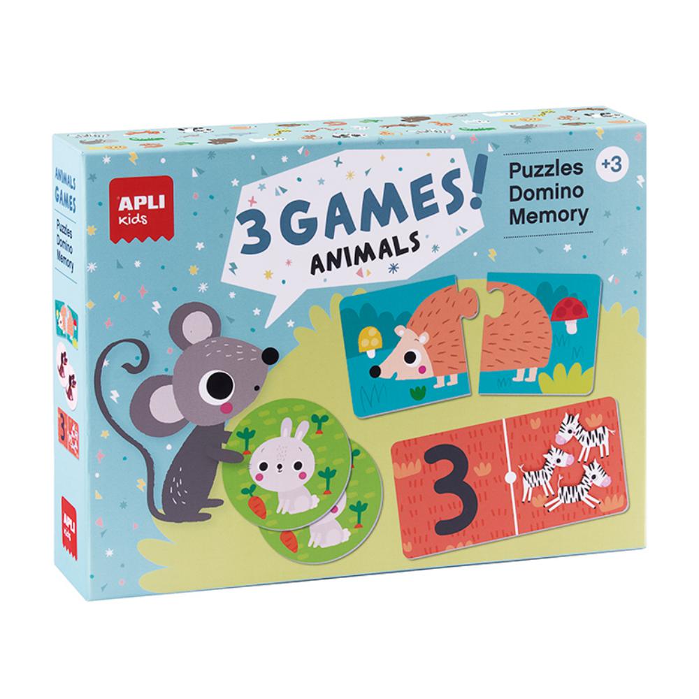 JUEGO APLI SET DE 3 JUEGOS ANIMALES – PUZLE 24 PIEZAS + DOMINÓ 36 PIEZAS + MEMORY 24 PIEZAS – JUEGO EDUCATIVO INFANTIL – 841078218798
