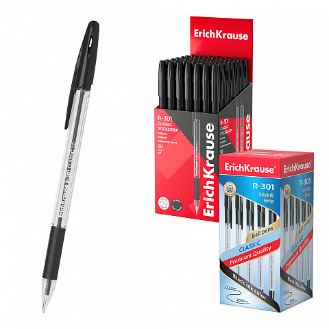 BOLÍGRAFO ERICHKRAUSE R-301 STICK&GRIP 1.0 – NEGRO – 50 UDS (CAJA)