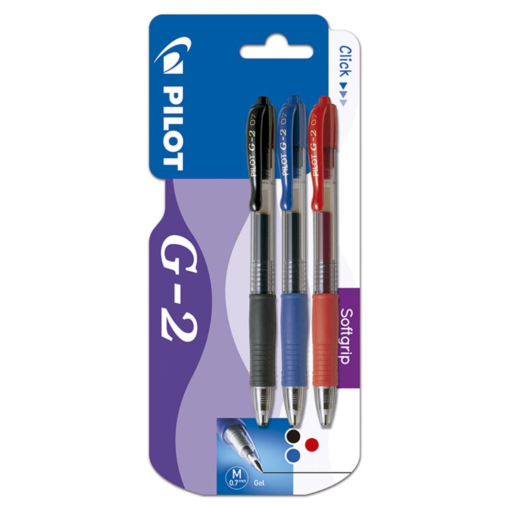 BOLÍGRAFO PILOT G-2  · TINTA GEL · PUNTA 0,7 MM · TRAZO 0,5 MM · CLIC RETRÁCTIL · GRIP · BLISTER 3 SURTIDOS