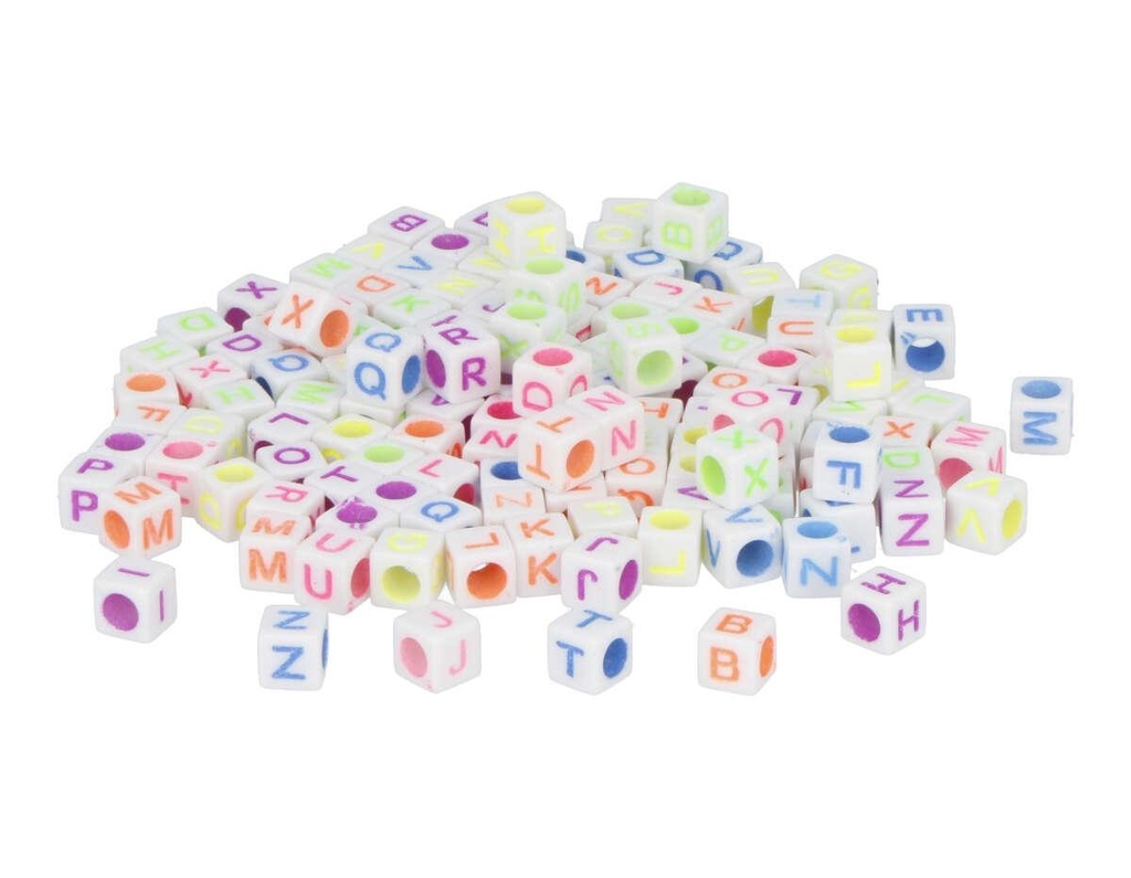 CUENTAS DE PLÁSTICO LETRAS – CUBOS 6 MM (APROX. 1.000 UDS) – BLANCO Y COLORES SURTIDOS – INNSPIRO
