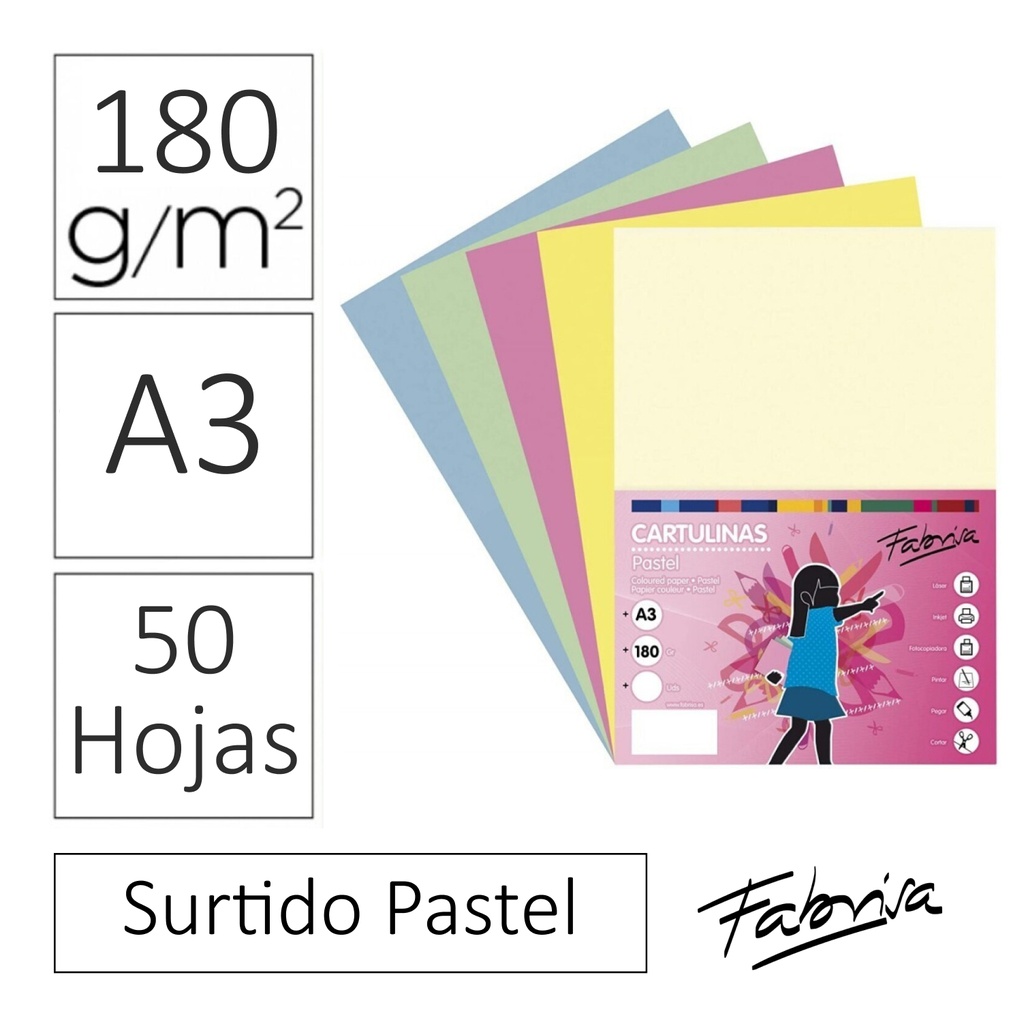 PACK 50 CARTULINAS A3 (180 g/m²) — COLORES PASTEL · LIGERAMENTE SATINADAS · PIGMENTO RESISTENTE A LA LUZ