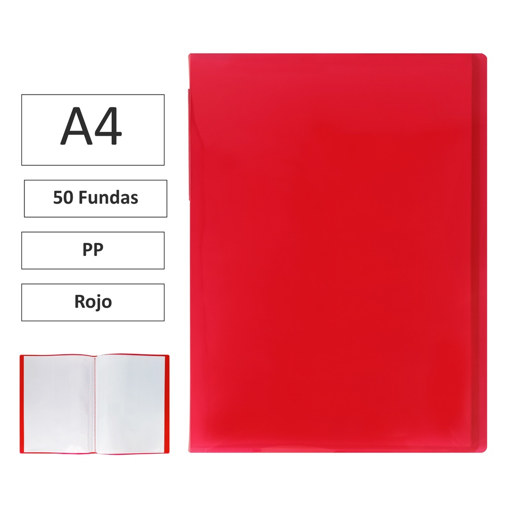 CARPETA DE FUNDAS RAYLU PAPER PREMIUM A4 · 60 FUNDAS (ROJO) · TRANSLÚCIDA · FUNDAS CRISTAL SOLDADAS · PP 100% BIODEGRADABLE