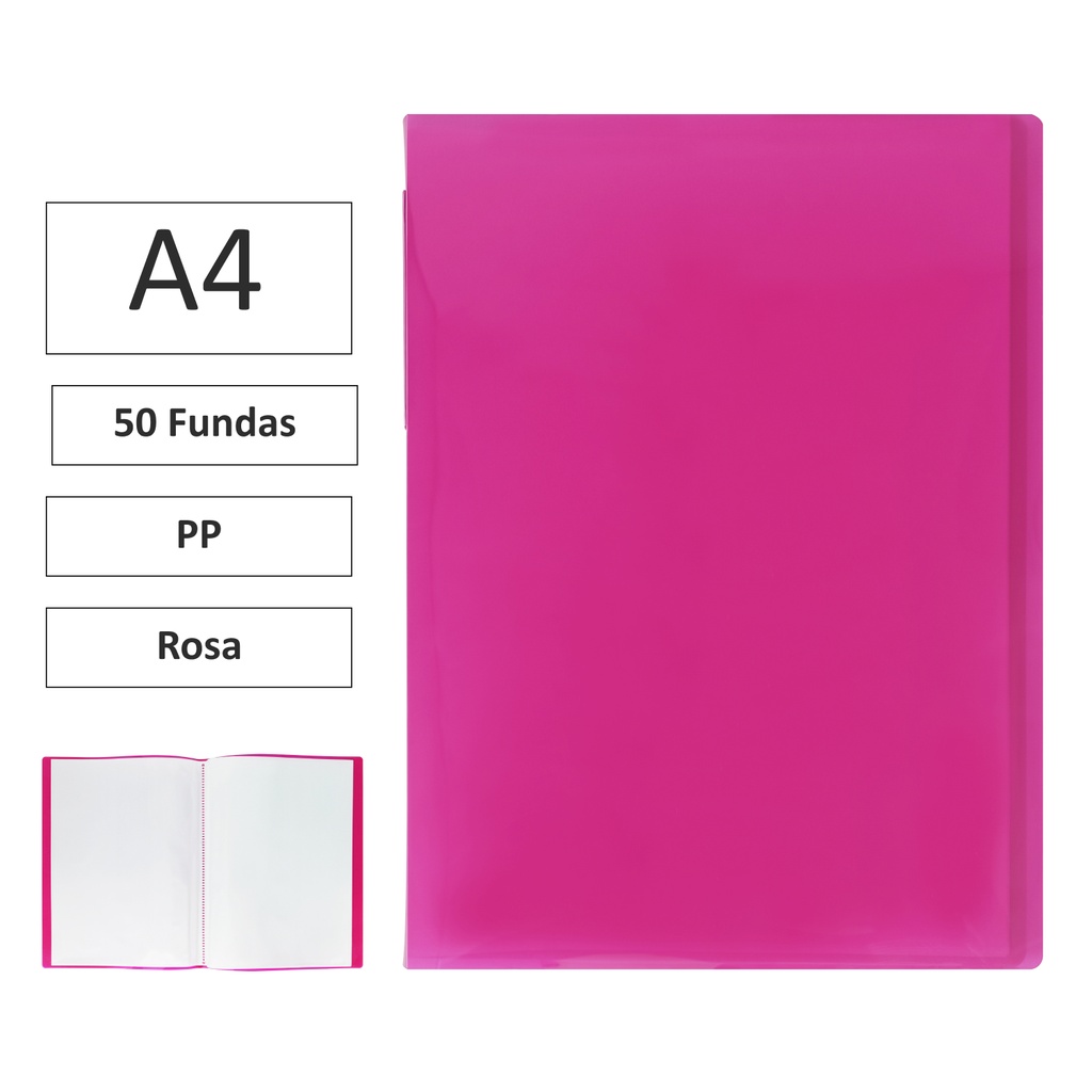 CARPETA DE FUNDAS RAYLU PAPER PREMIUM A4 · 60 FUNDAS (ROSA) · TRANSLÚCIDA · FUNDAS CRISTAL SOLDADAS · PP 100% BIODEGRADABLE