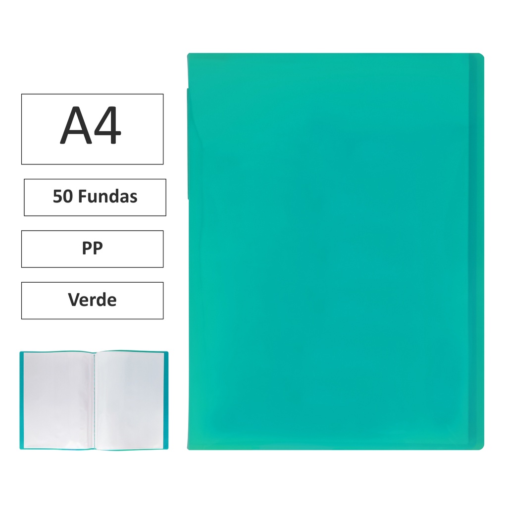 CARPETA DE FUNDAS RAYLU PAPER PREMIUM A4 · 60 FUNDAS (VERDE) · TRANSLÚCIDA · FUNDAS CRISTAL SOLDADAS · PP 100% BIODEGRADABLE