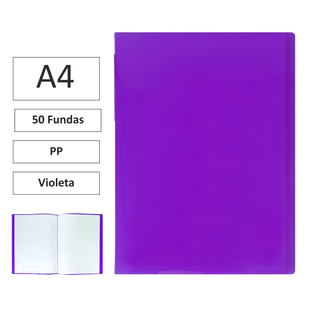 CARPETA DE FUNDAS RAYLU PAPER PREMIUM A4 · 60 FUNDAS (VIOLETA) · TRANSLÚCIDA · FUNDAS CRISTAL SOLDADAS · PP 100% BIODEGRADABLE